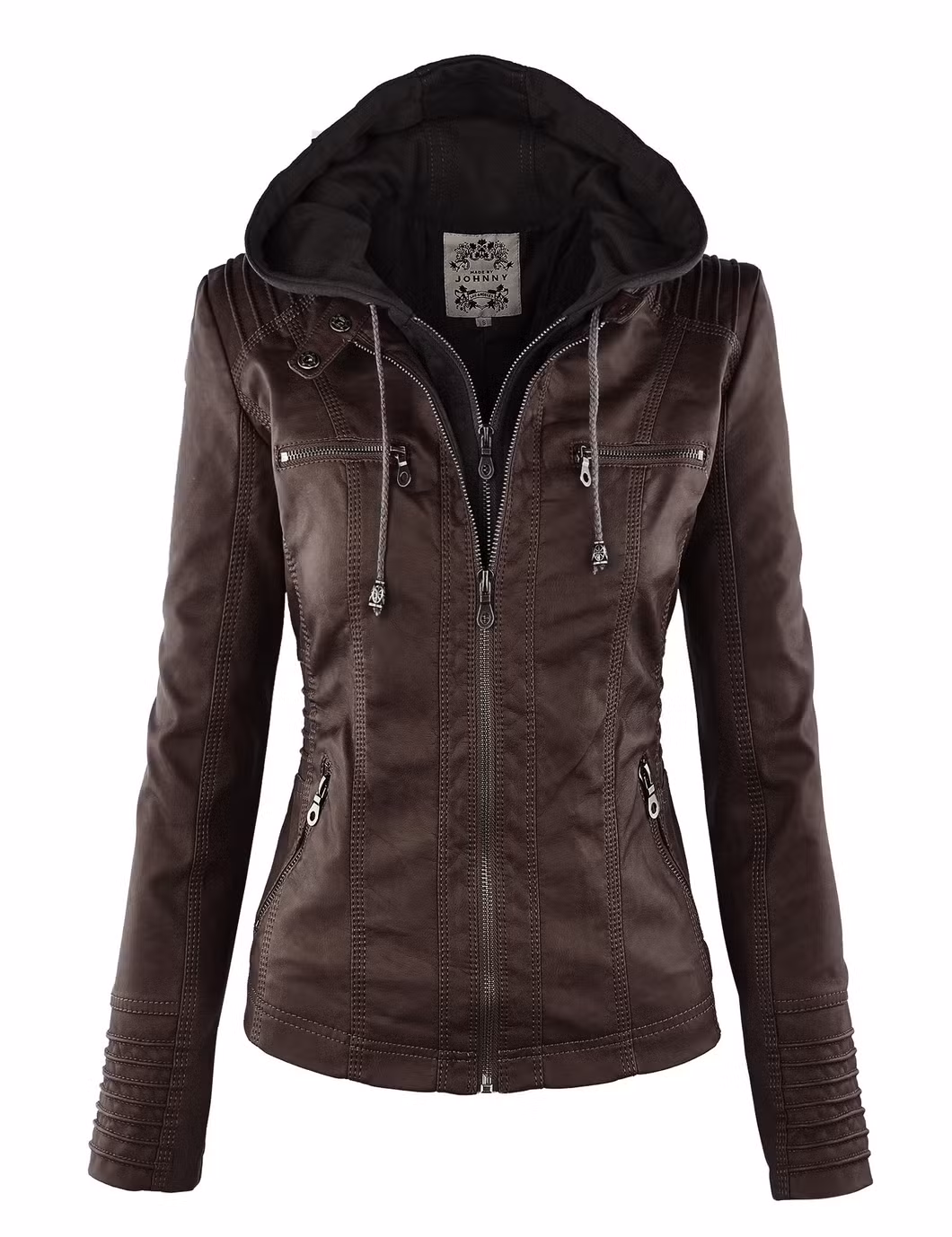 Asiapo China Factory Women&prime;s Fashion Moto Bomber PU Leather Jacket with Detachable Hoodie