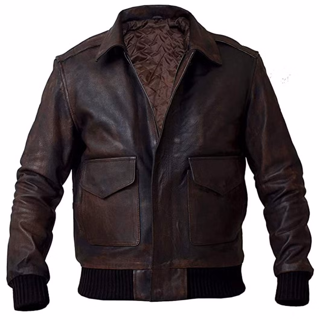 Top Quality Men&prime;s Flight Brown Distressed Real Leather Jacket Bomber Pilot Fur Collar Leather Jacket Custom Logo OEM Service Jacket