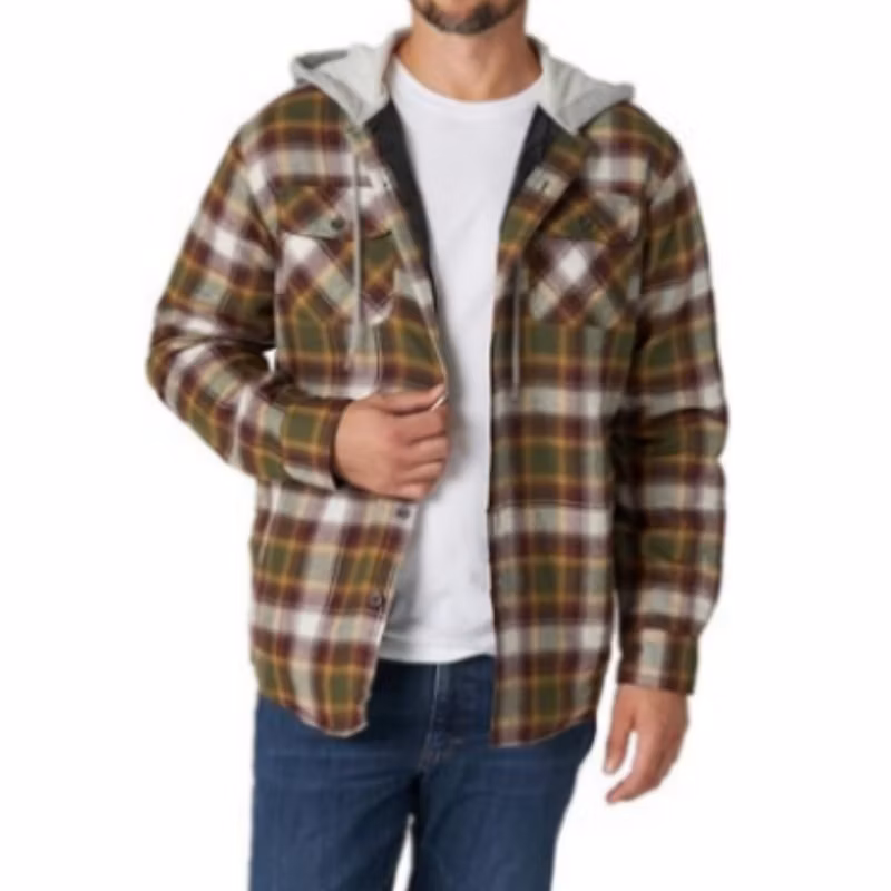 Mens Quilted Flannel Shirt Jacket with Hood