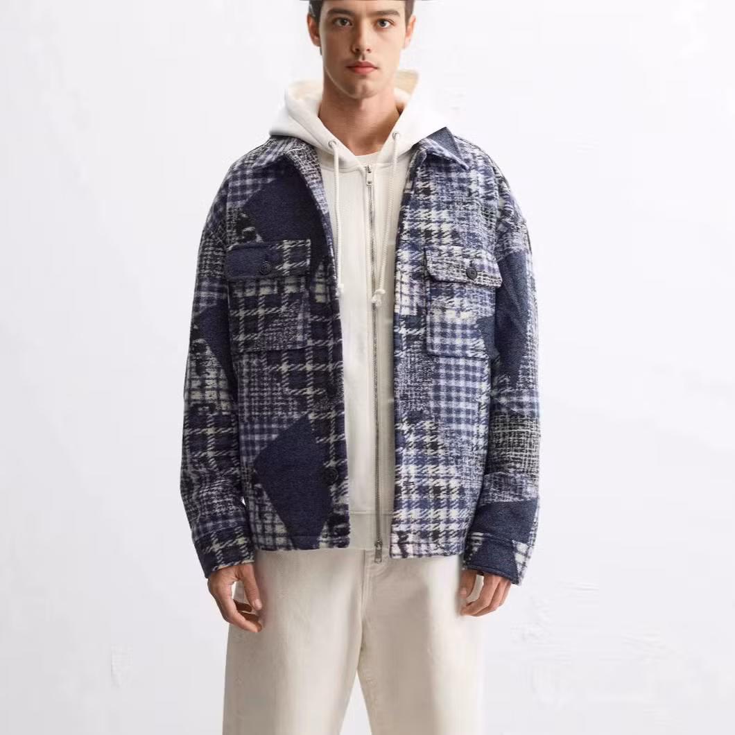 Men&prime;s Flannel Patchwork Lapel Long Sleeve Shirt Jacket