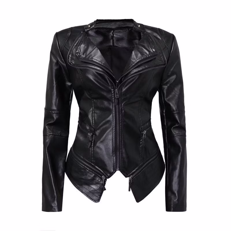 New Faux Leather Coat Womens Black PU Leather Puffer Jacket Winter Outerwear
