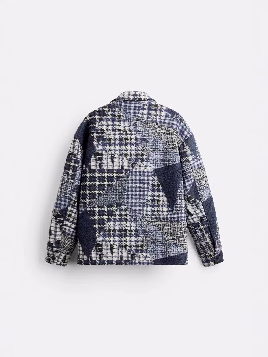 Men&prime;s Flannel Patchwork Lapel Long Sleeve Shirt Jacket