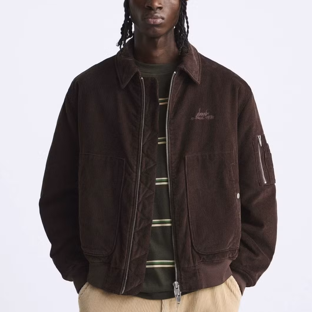 Men&prime;s Embroidered Corduroy Lapel Padded Jacket