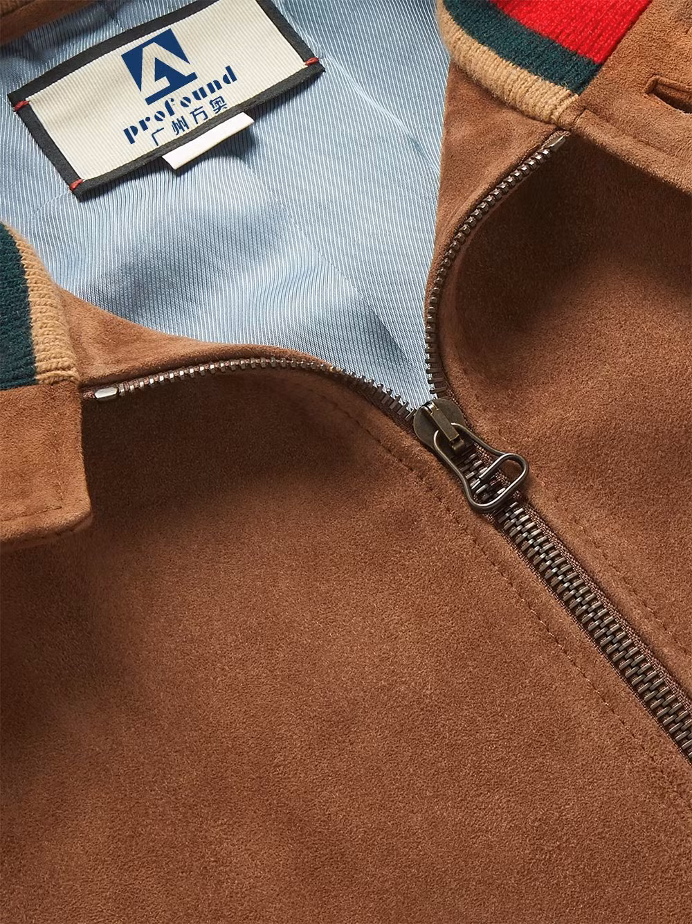 2023 New Design Ribbing Funnel Neck Flap Button Pocket Full Zip Suede Jacket for Men