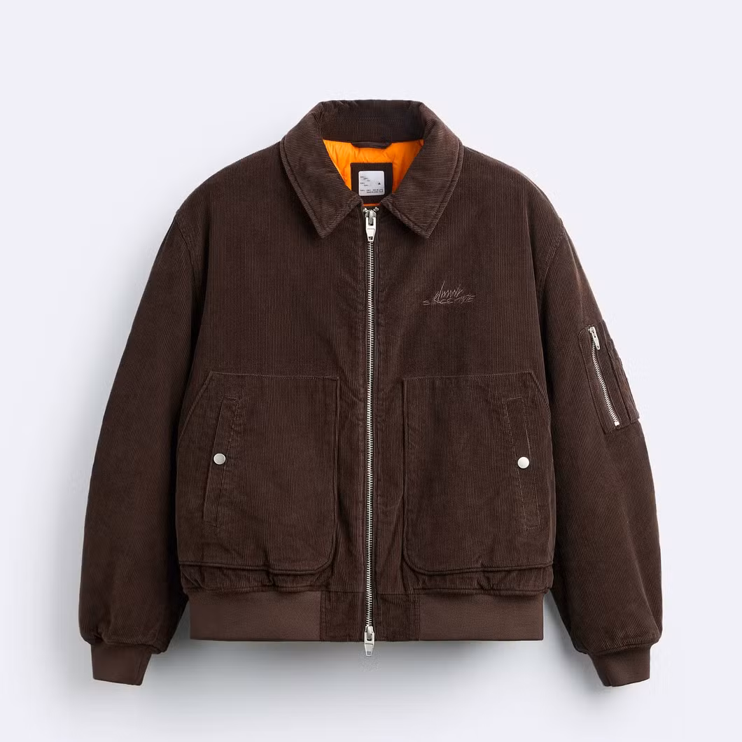 Men&prime;s Embroidered Corduroy Lapel Padded Jacket