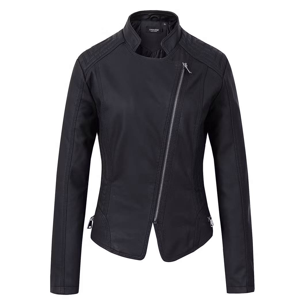 Yellow PU Ladies Slim Leather Women&prime;s Long-Sleeved Motorcycle Jackets with Slate Zipper