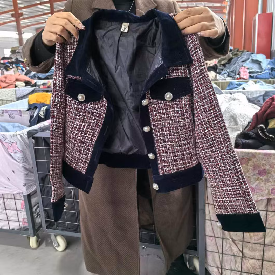 Used Knitted Coats Hot Sale Clothing Second Hand Tweed Fabric Women Jacket