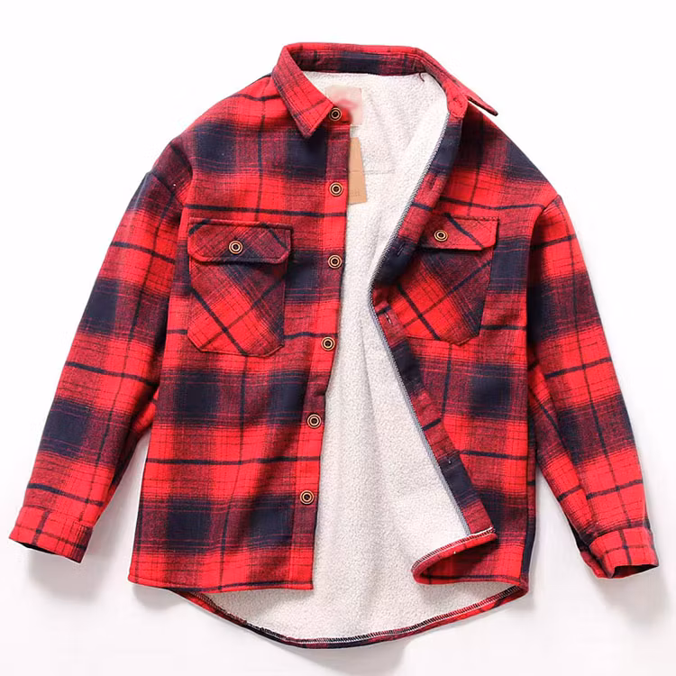 Sherpa Custom Logo Warm Fleece Brushed Lined Flannel Plaid Shirt Jackets