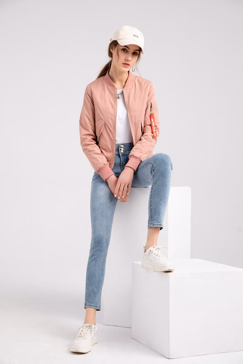 Jackets Pink Dyed Fashion New Standing Collar Bomber Jackets Long Sleeve Zipper Jacket Woman Jackets for Lady Bomber Jacket