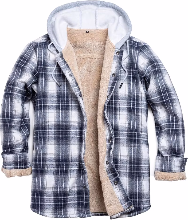 Factory Customized Men&prime;s Cotton Plaid Long Sleeve Shirts Jacket Fleece Lined Flannel Shirts Sherpa Button Down Coat with Hood