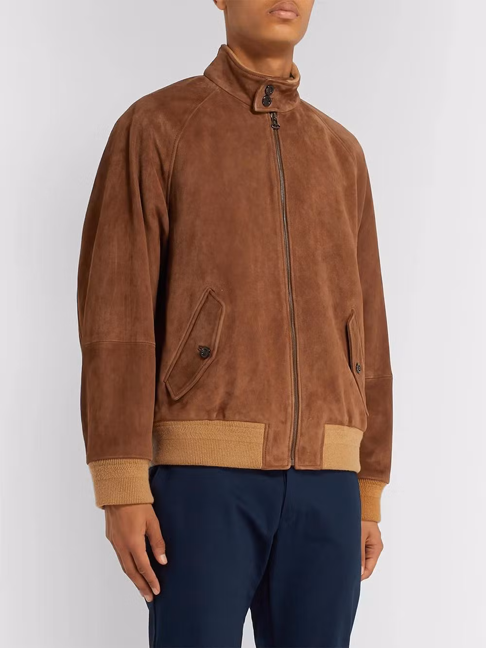 2023 New Design Ribbing Funnel Neck Flap Button Pocket Full Zip Suede Jacket for Men