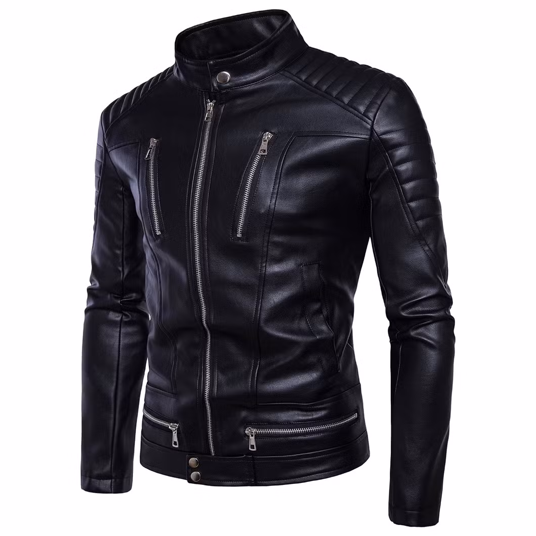 Men Solid Black PU Leather Jacket Biker Sports Outdoor Jackets Outdoor Clothing