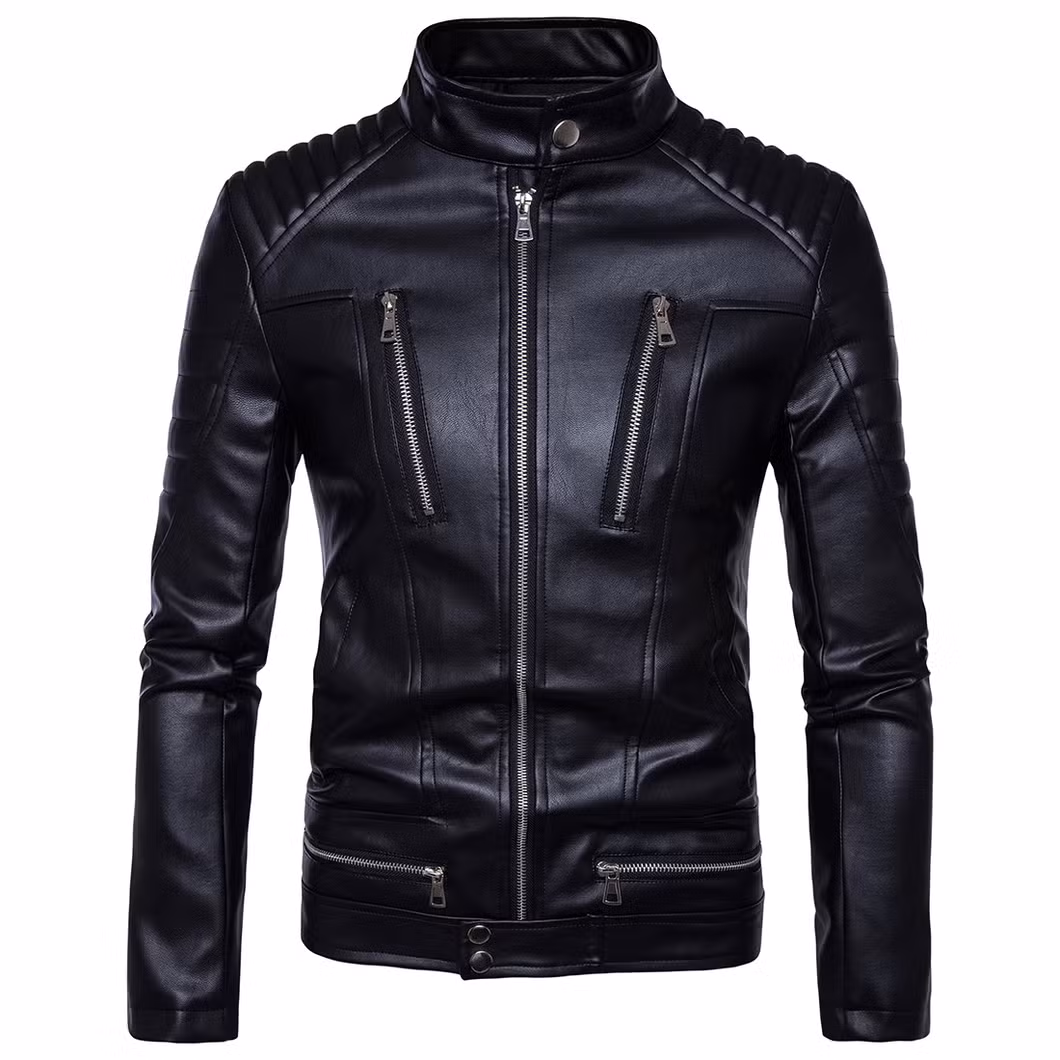 Men Solid Black PU Leather Jacket Biker Sports Outdoor Jackets Outdoor Clothing