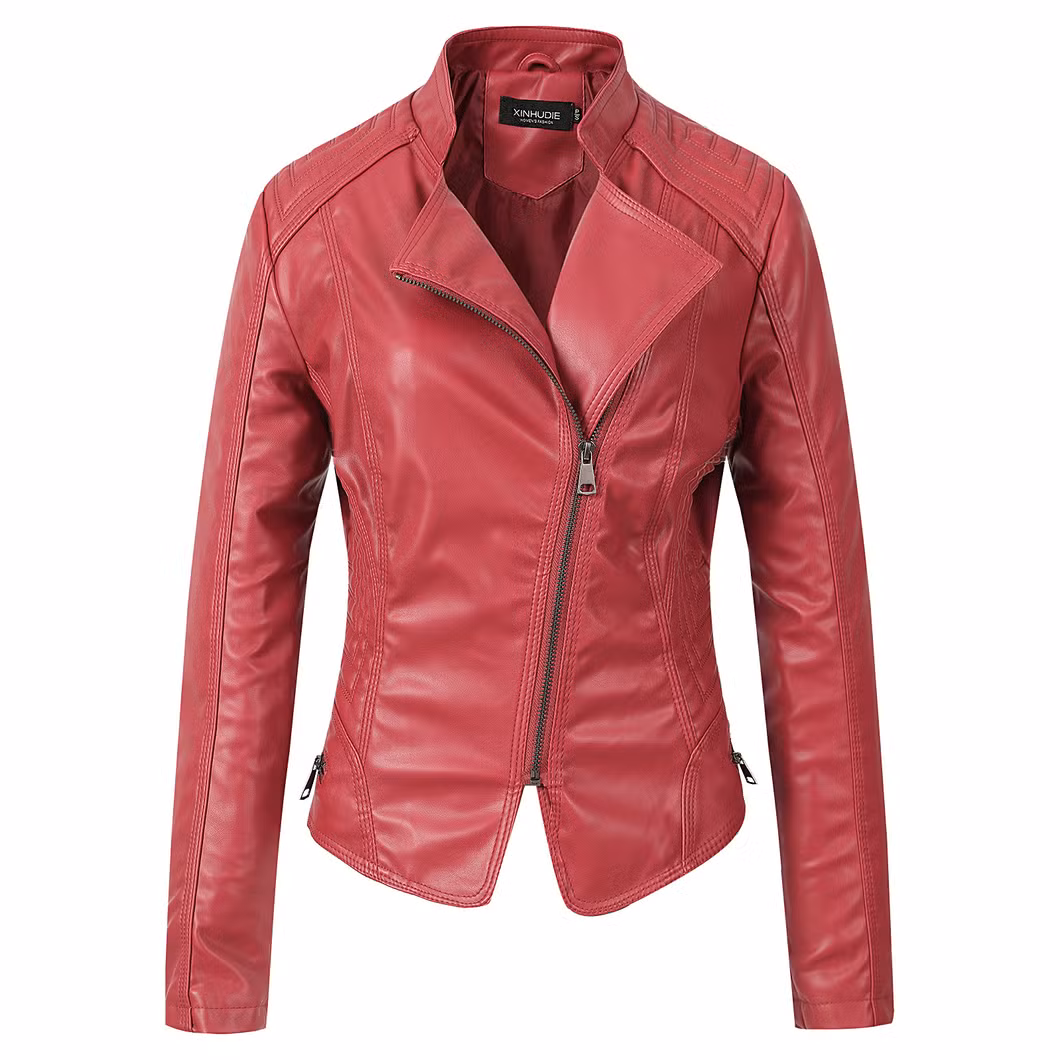 Yellow PU Ladies Slim Leather Women&prime;s Long-Sleeved Motorcycle Jackets with Slate Zipper