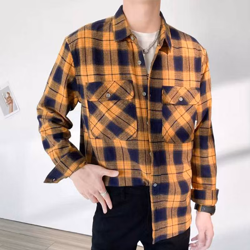Winter Spring Plaid Cotton Sherpa Flannel Shirts Button up Check Pattern Men Work Outwear Shirts Jackets Coat