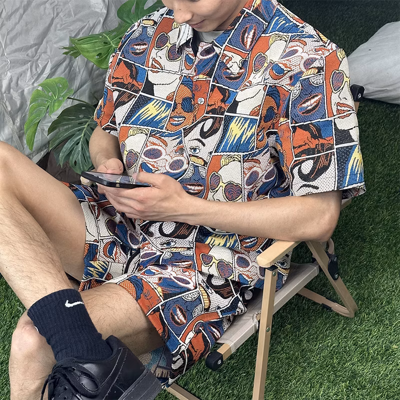 Flower Series Tapestry Fabric Button up Shirts Custom Tapestry Men&prime;s Jacket and Shorts