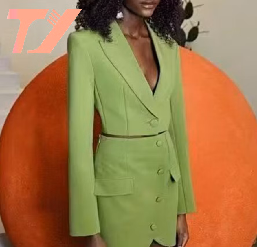 Fashion Women Green 2 Pieces Sets Single Button Ladies Two Pieces Blazer Skirt Suits