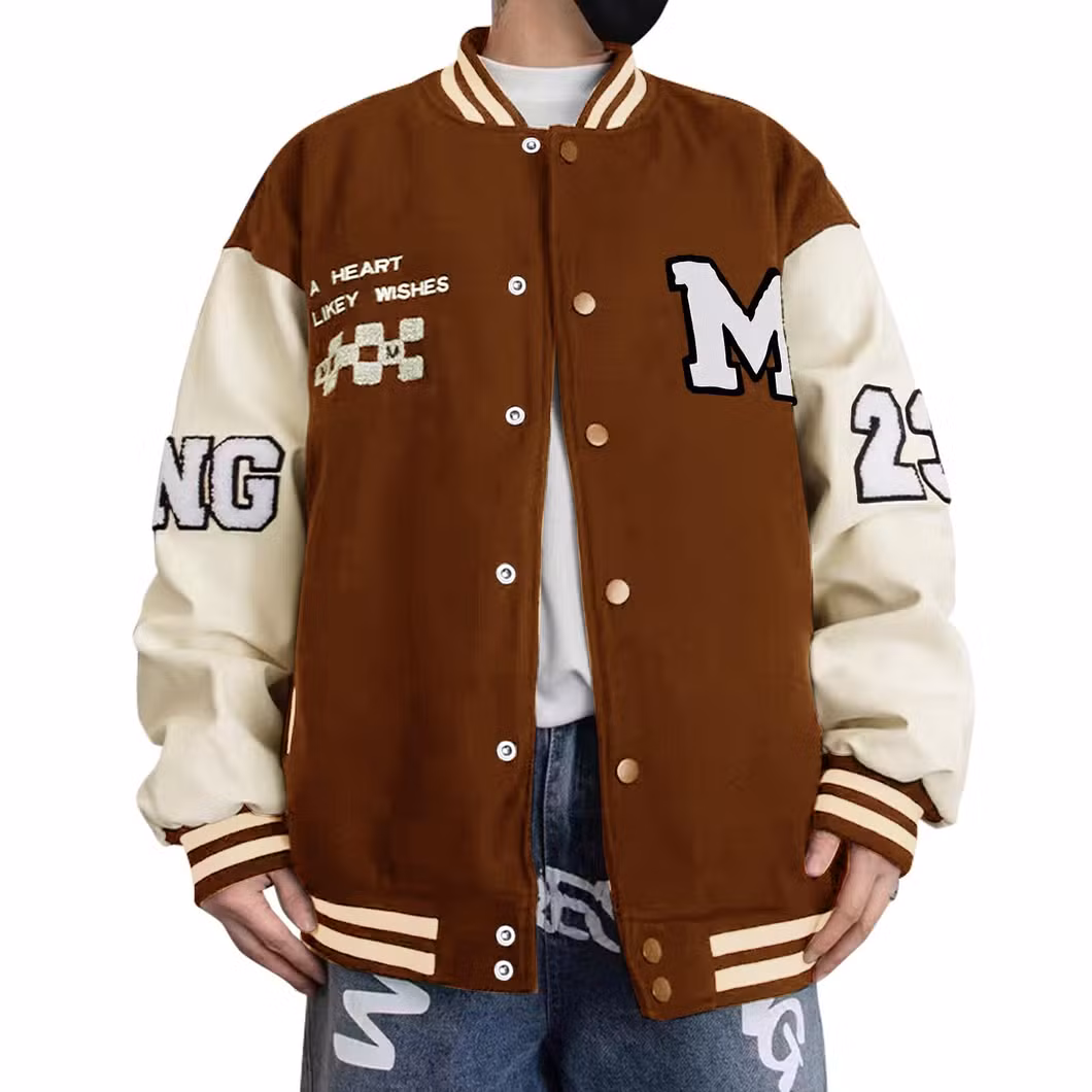 High Quality Design Embroidery Vintage Wool Short Patchwork Leather Jacket Flight Jacket