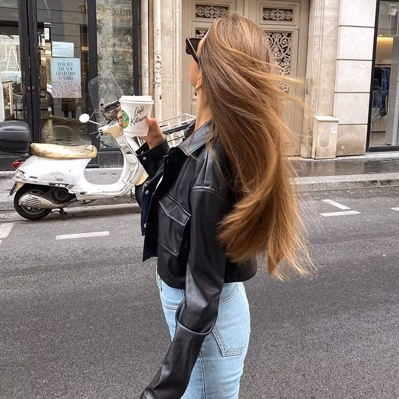 Custom Women Autumn Vintage Elegant Coats Ladies PU Punk Style Thin Fashion Short Jacket Black Faux Leather Cropped Jacket