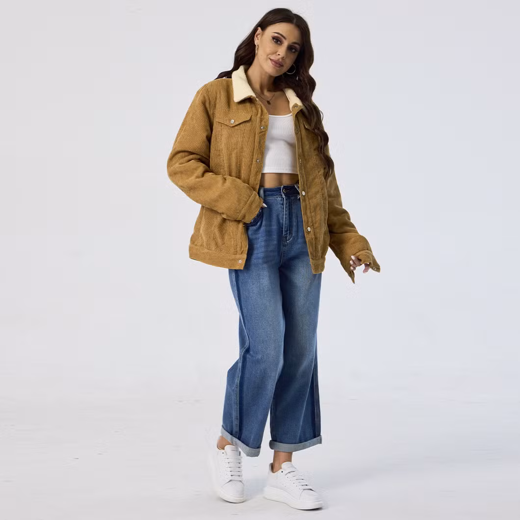 Custom Casual Warm Plus Size Distressed Long Sleeve Women Corduroy Jacket