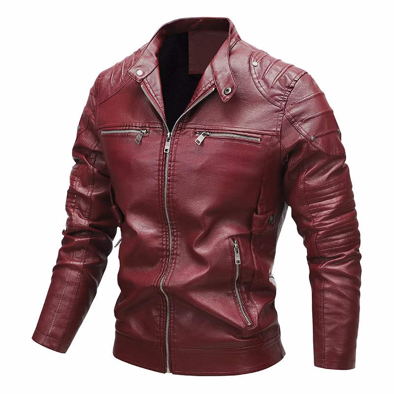 Fashion Design Vintage Red Color PU Leather Jacket Motorcycle for Men Windbreaker