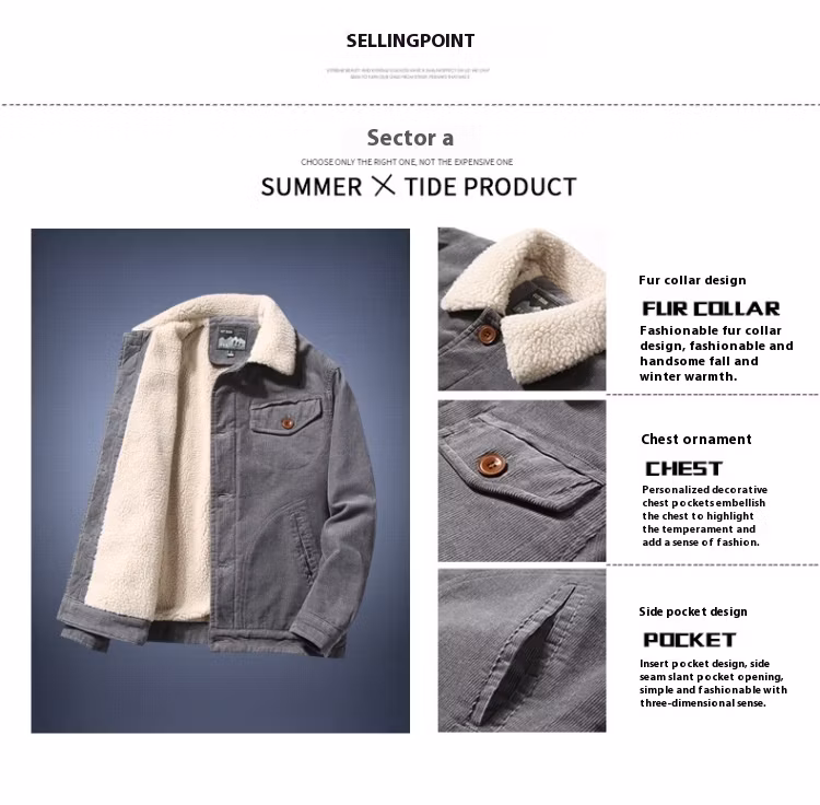 Winter Corduroy Men&prime;s Cotton Coat Stand Collar Casual Cotton Jacket Top Warm Cotton Coat Jacket