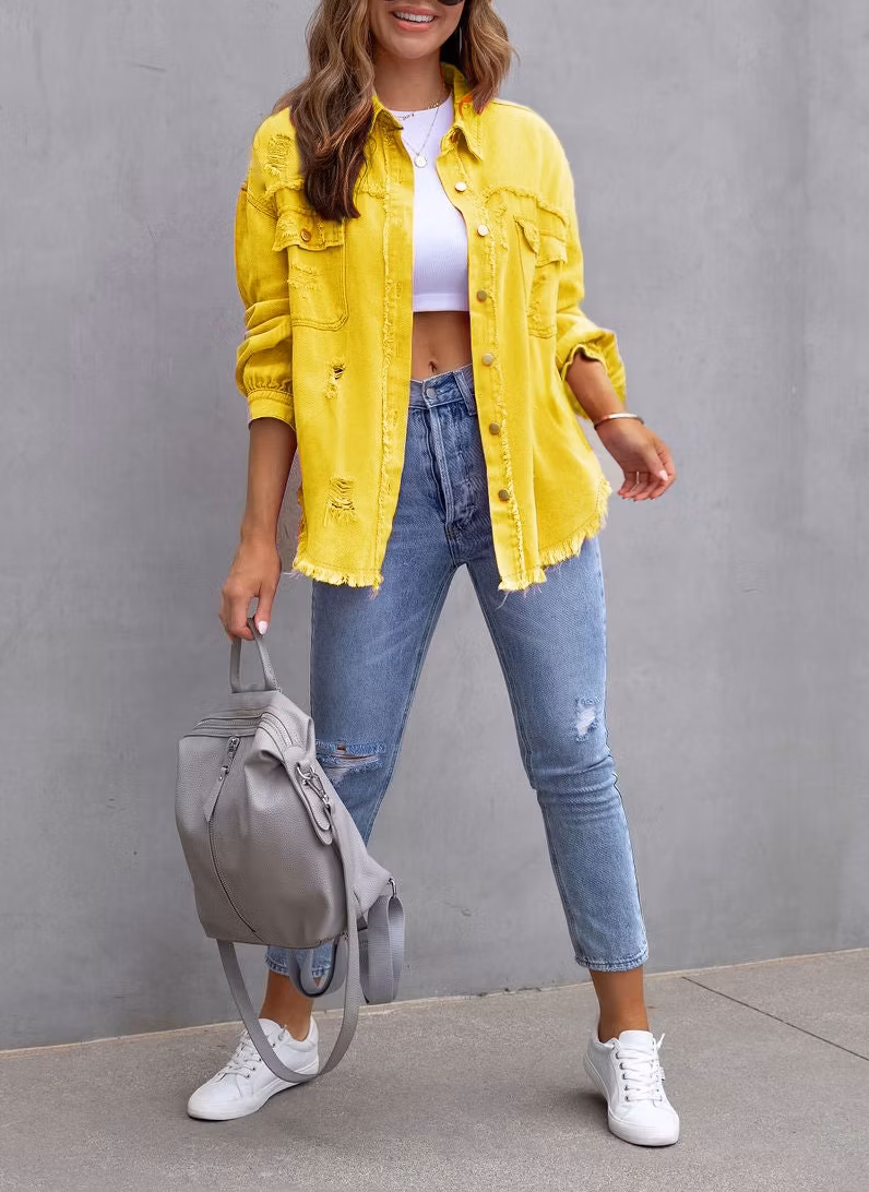 Autumn/Winter Vintage Multi-Colored Jean Jacket New Ripped Loose Fringe Denim Shirt
