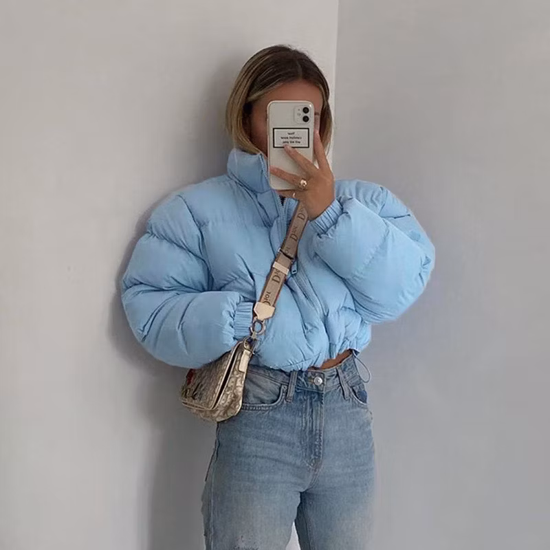 Parkas Zipper Shiny Winter Coat Puffer Jacket for Ladies Cropped Down Hooded Bomber Cotton-Padded Jacket
