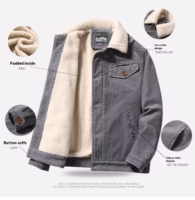 Winter Corduroy Men&prime;s Cotton Coat Stand Collar Casual Cotton Jacket Top Warm Cotton Coat Jacket