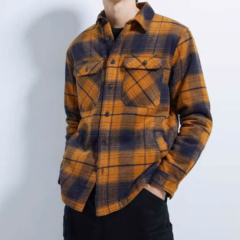 Winter Spring Plaid Cotton Sherpa Flannel Shirts Button up Check Pattern Men Work Outwear Shirts Jackets Coat