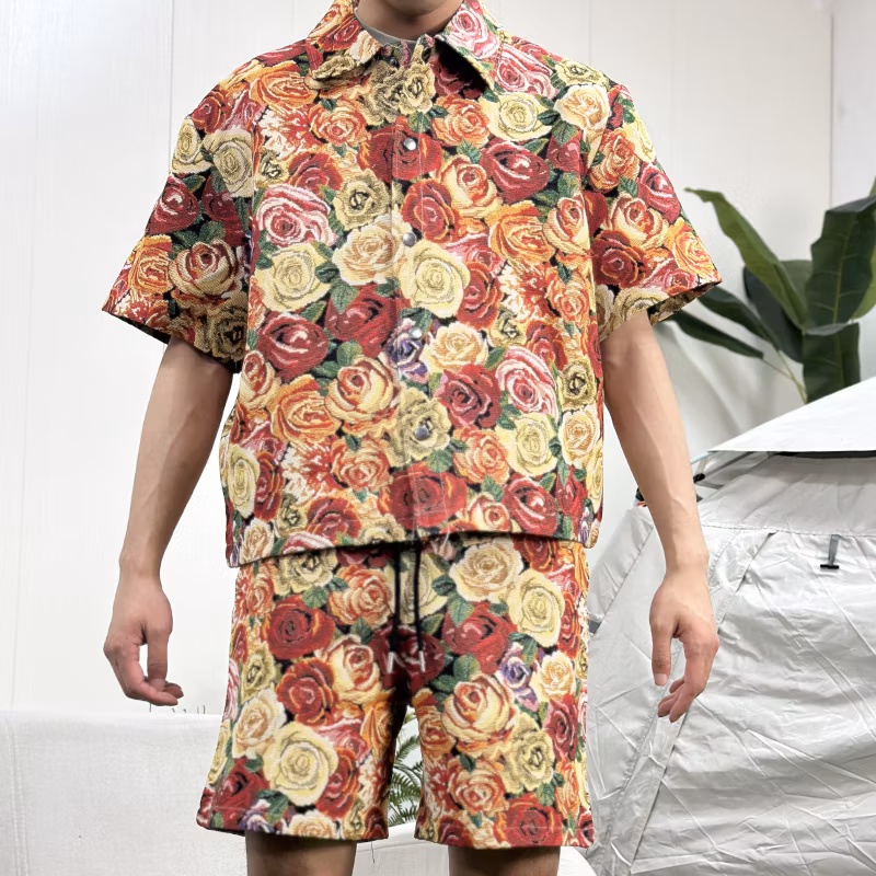 Flower Series Tapestry Fabric Button up Shirts Custom Tapestry Men&prime;s Jacket and Shorts