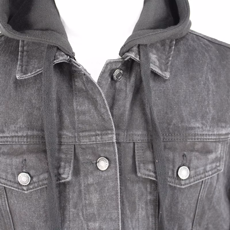 Men&prime;s Vintage Wholesale Black Cotton Denim Coat with Knit Hoodie and Sleeve Classic Casual Jacket