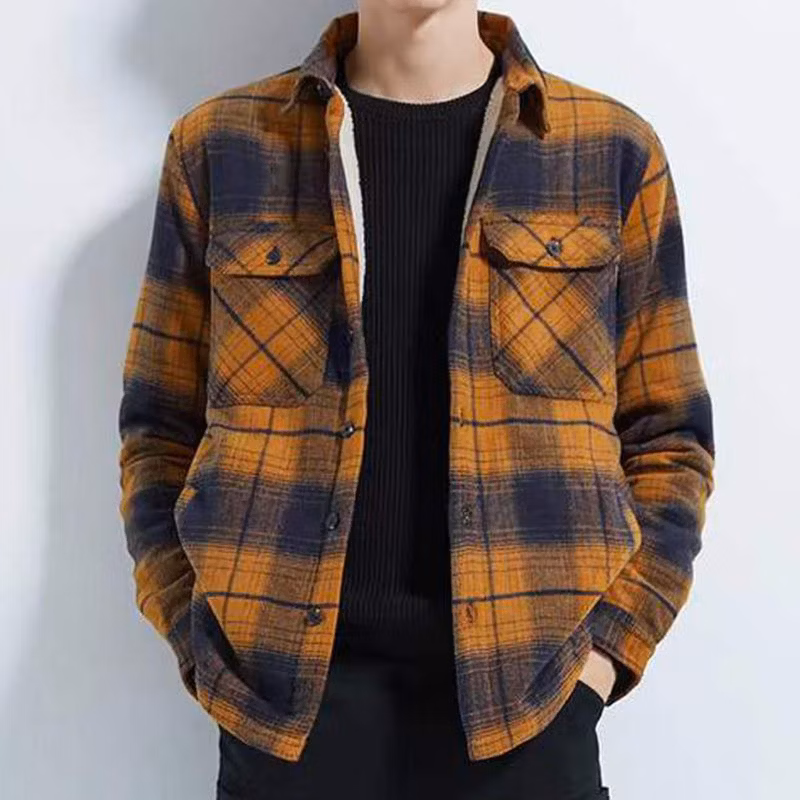 Winter Spring Plaid Cotton Sherpa Flannel Shirts Button up Check Pattern Men Work Outwear Shirts Jackets Coat