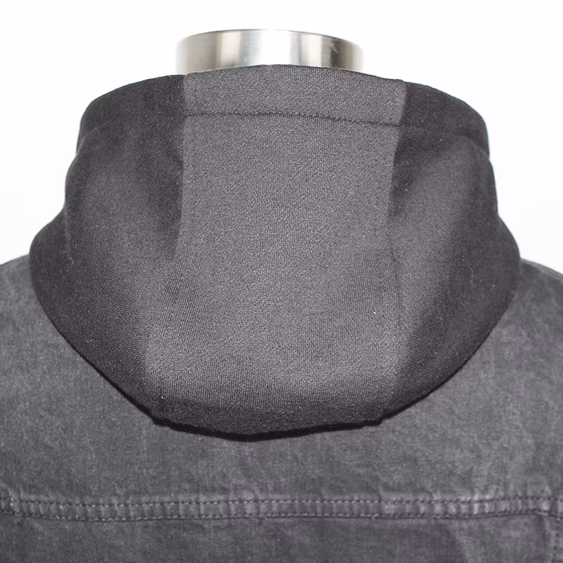Men&prime;s Vintage Wholesale Black Cotton Denim Coat with Knit Hoodie and Sleeve Classic Casual Jacket