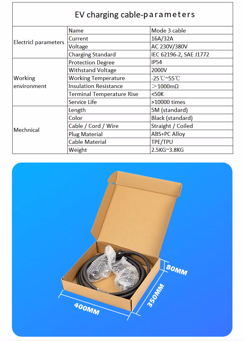 Manufacturer with Complete Certificates 16A Single Phase Type 1 to Type 2 Mode 3 EV Charging Cable