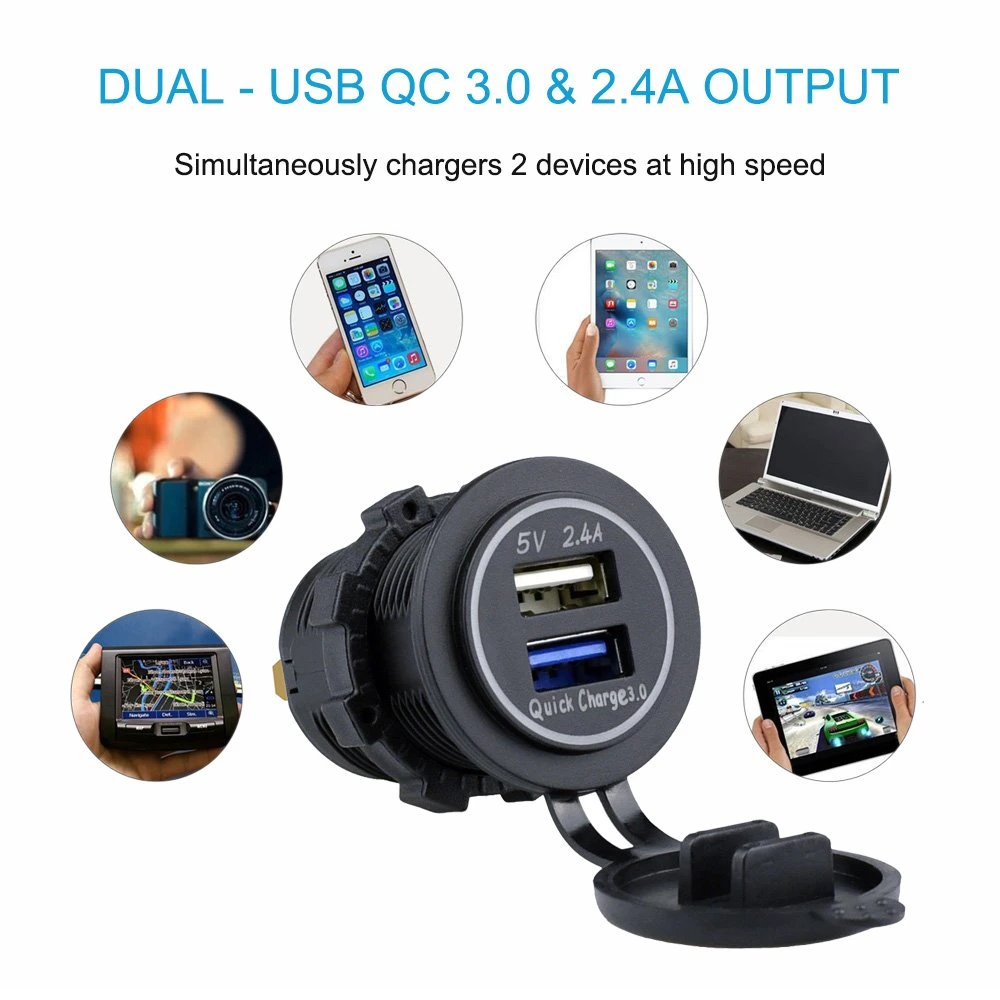 Dual USB Charger Socket Power Outlet Quick Charge 3.0 &amp; 2.4A Port for Car Boat Marine RV Mobile (QC 3.0 - Green)