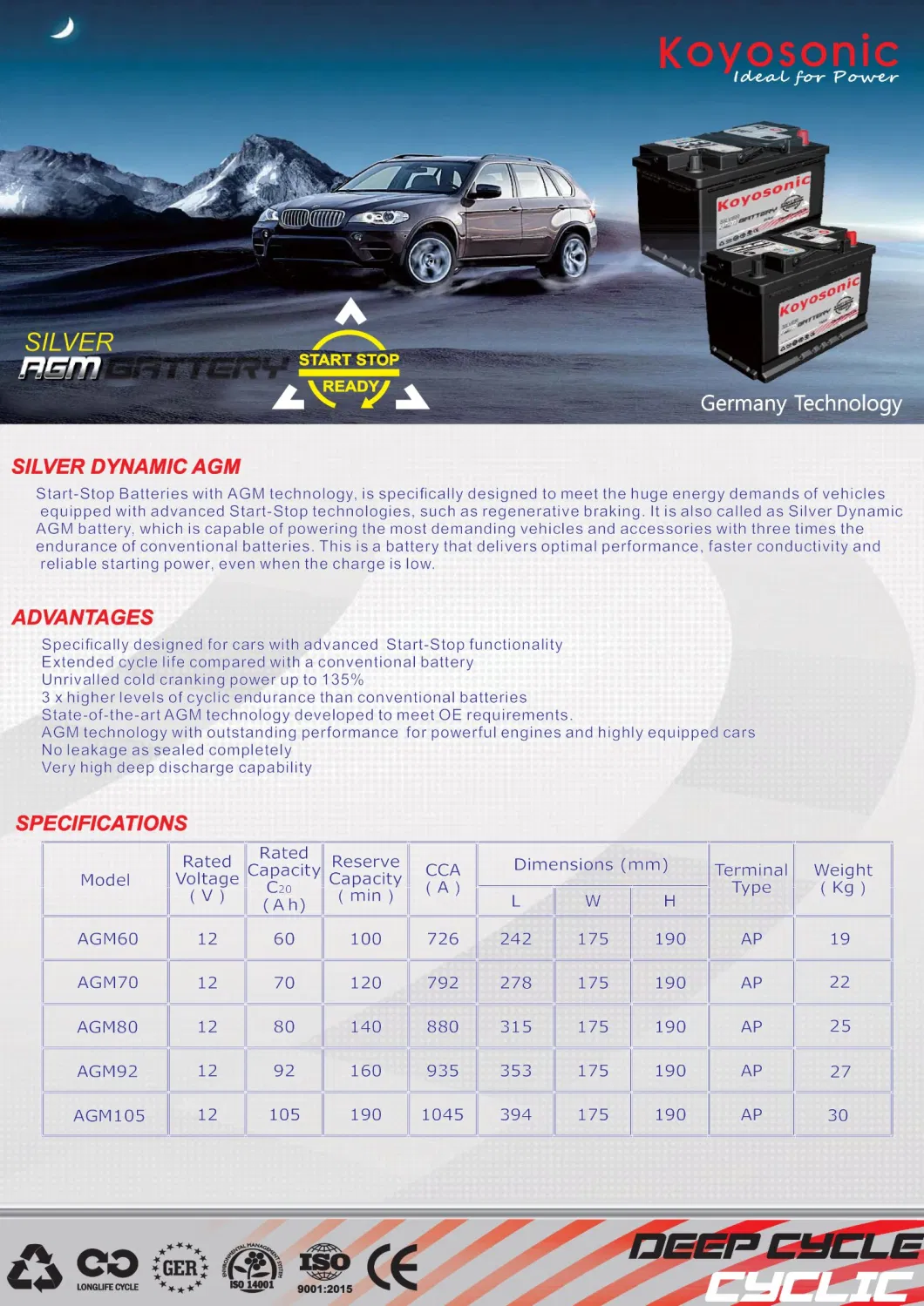 12V AGM Start Stop Automotive Battery Efb Batterie 70ah Start Stop