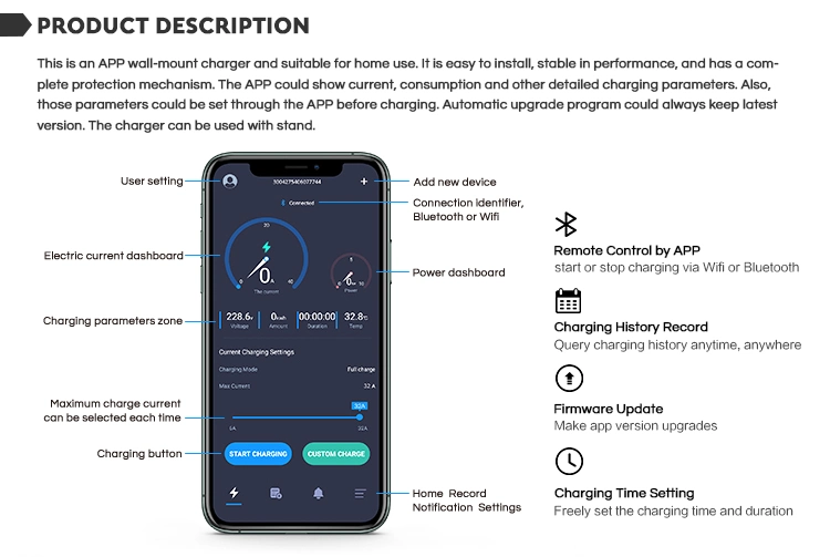 Besen Factory Evse 32A 22kw Wall Mounted APP EV Charger Type 1 Type 2 RFID Ocpp 4G WiFi Bluetooth IP66 Electric Vehicle Charging Station for Commercial Home Use