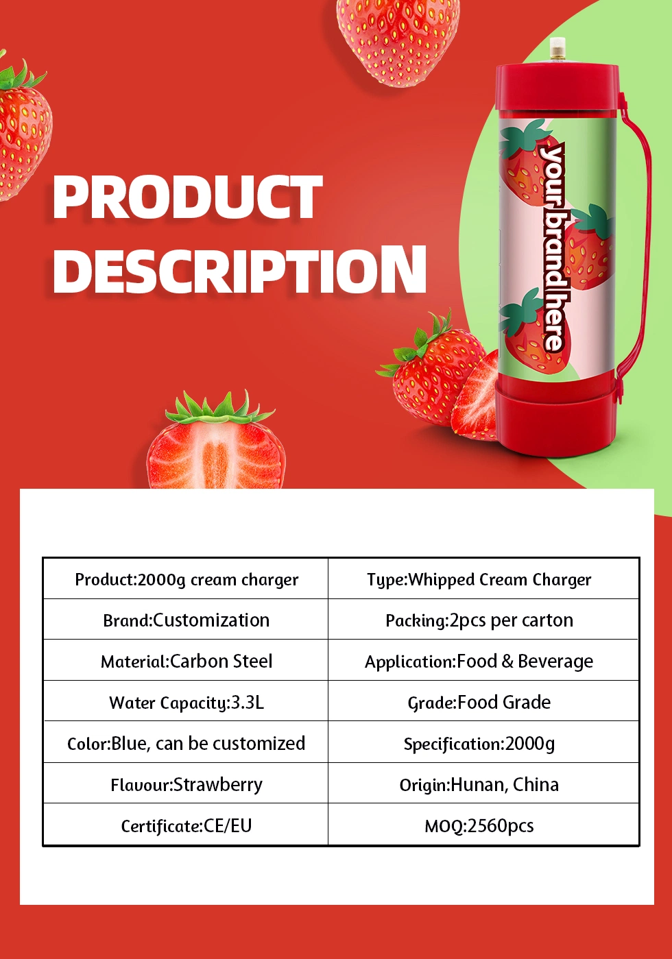 Wholesale Price Food Grade Gas Cream Charger 2000g Whipped Cream Charger Special Green Color