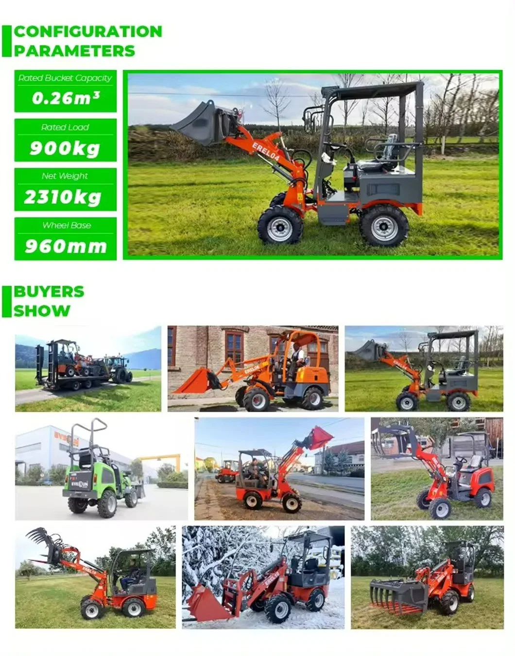 Everun hot sale EREL04 0.4t Earth-moving Machine new front end bucket compact electric mini wheel loader