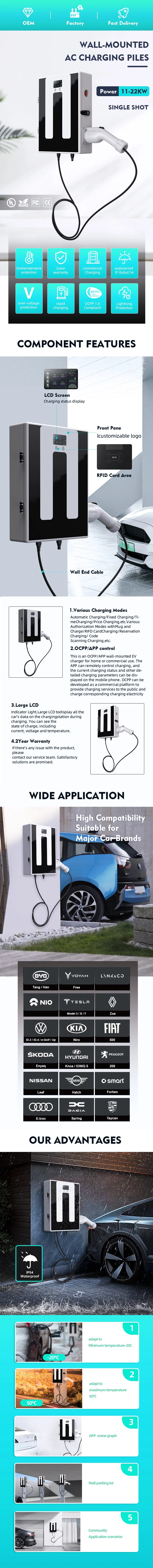 Nancome 11kw 22kw Fast Wall Mount Home Level 2 AC Electric Vehicle Charging Station