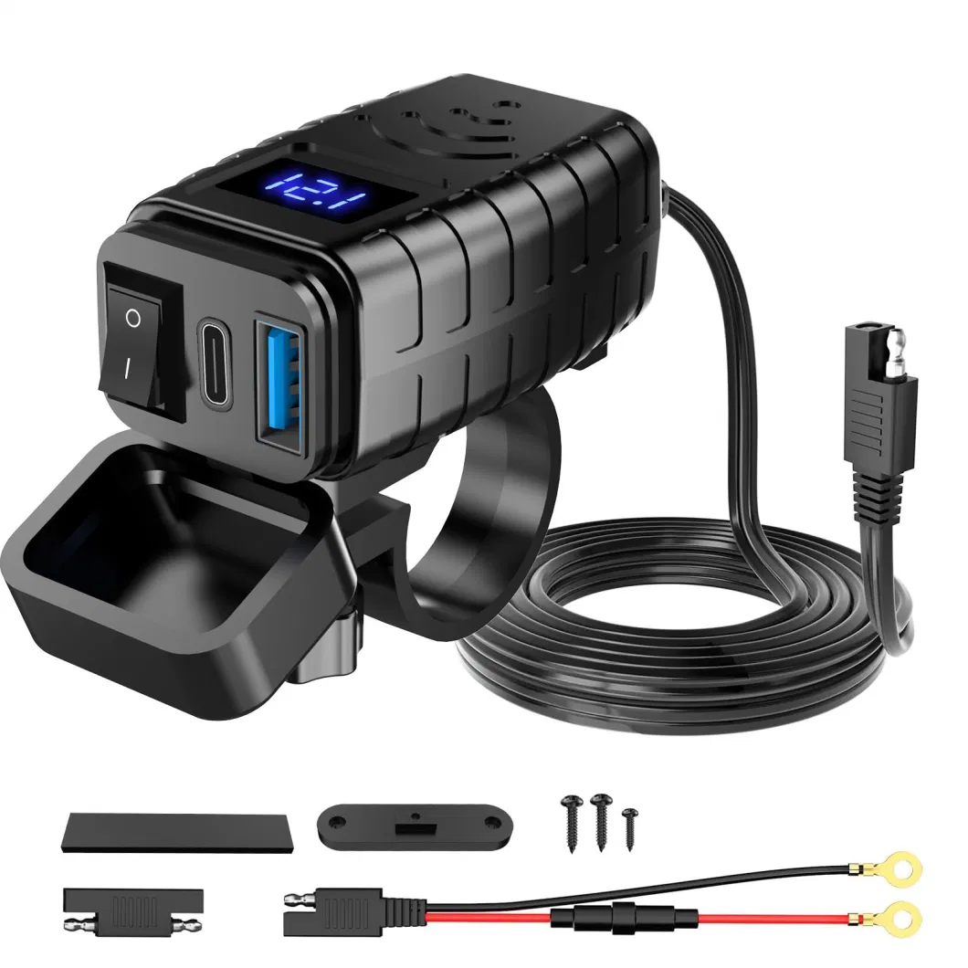 Motorcycle Phone USB Charger Adapter Dual USB Type C Pd Fast Electric Car Charger with Voltmeter &amp; on/off Switch Waterproof Motorcycle Accessories