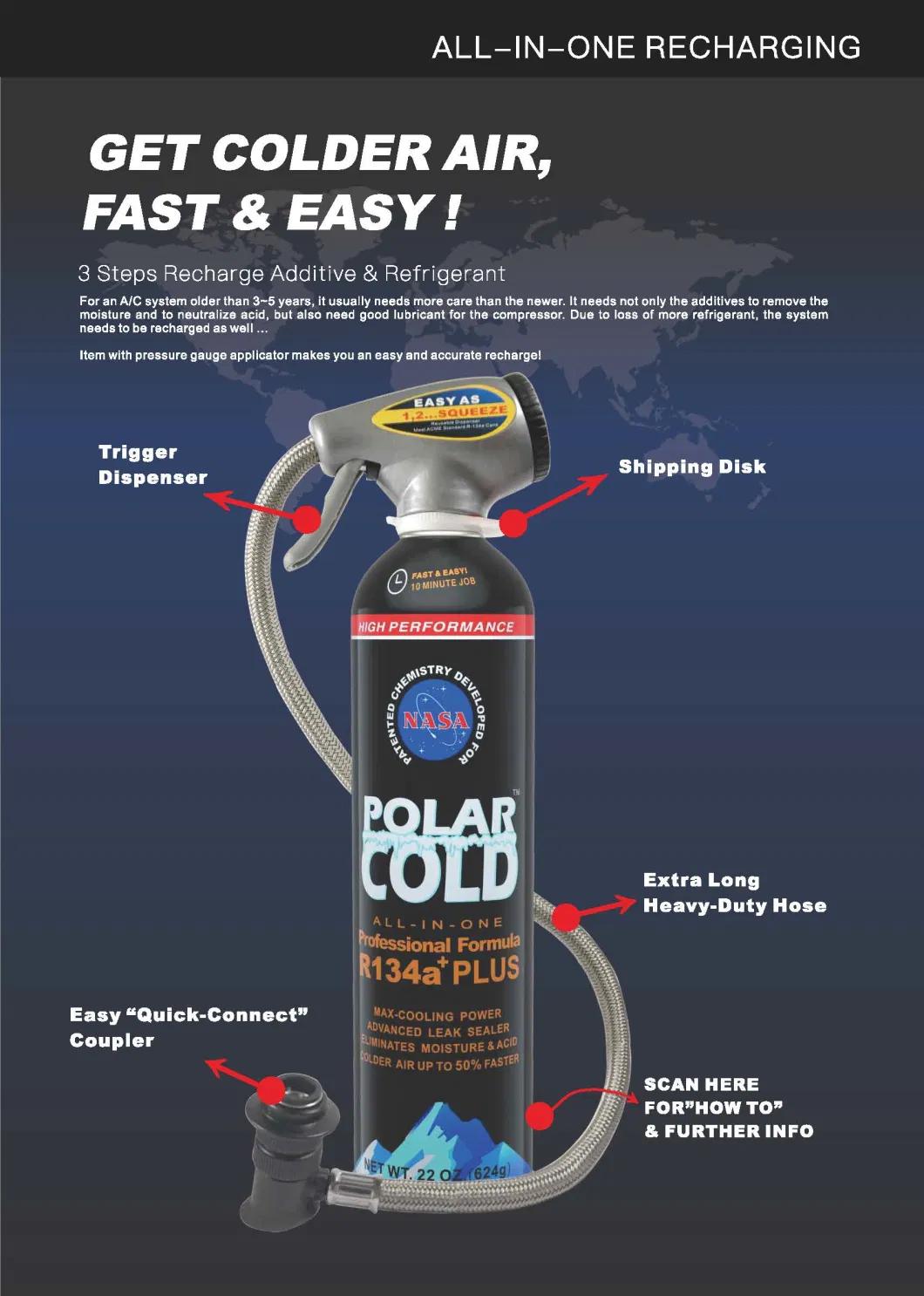 IDQ Polar Cold Professional Formula R134A Refrigerant Plus with Charge Gauge 22 Oz. / 624G