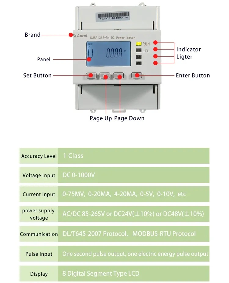 Acrel DIN Rail Installation DC Power Meter with CE Certificate for EV Charger with RS485-Modbus