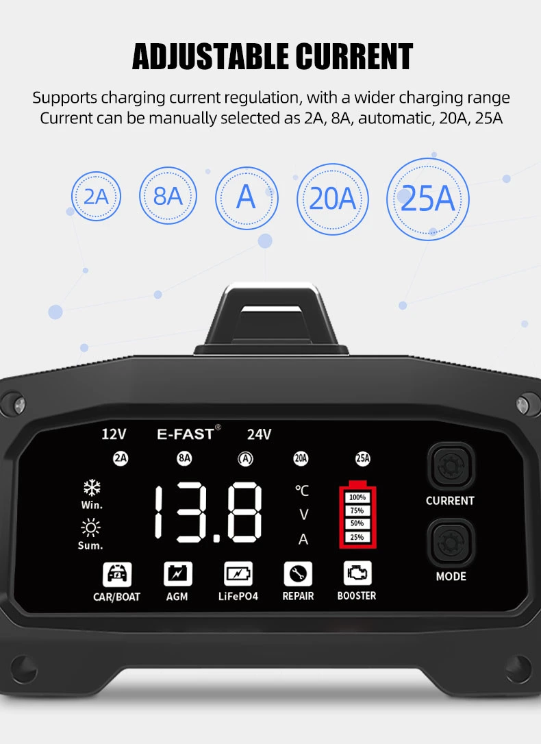 Fast Charging Smart Repair 12V 24V Adjustable Current Start Stop LiFePO4 Battery Charger