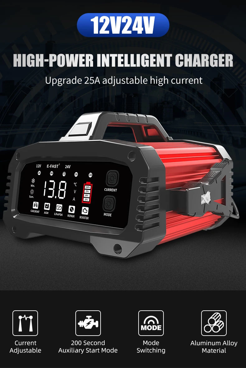 Current Adjustable Truck Car Battery Start Booster Charger 12V 25A 24V 15A