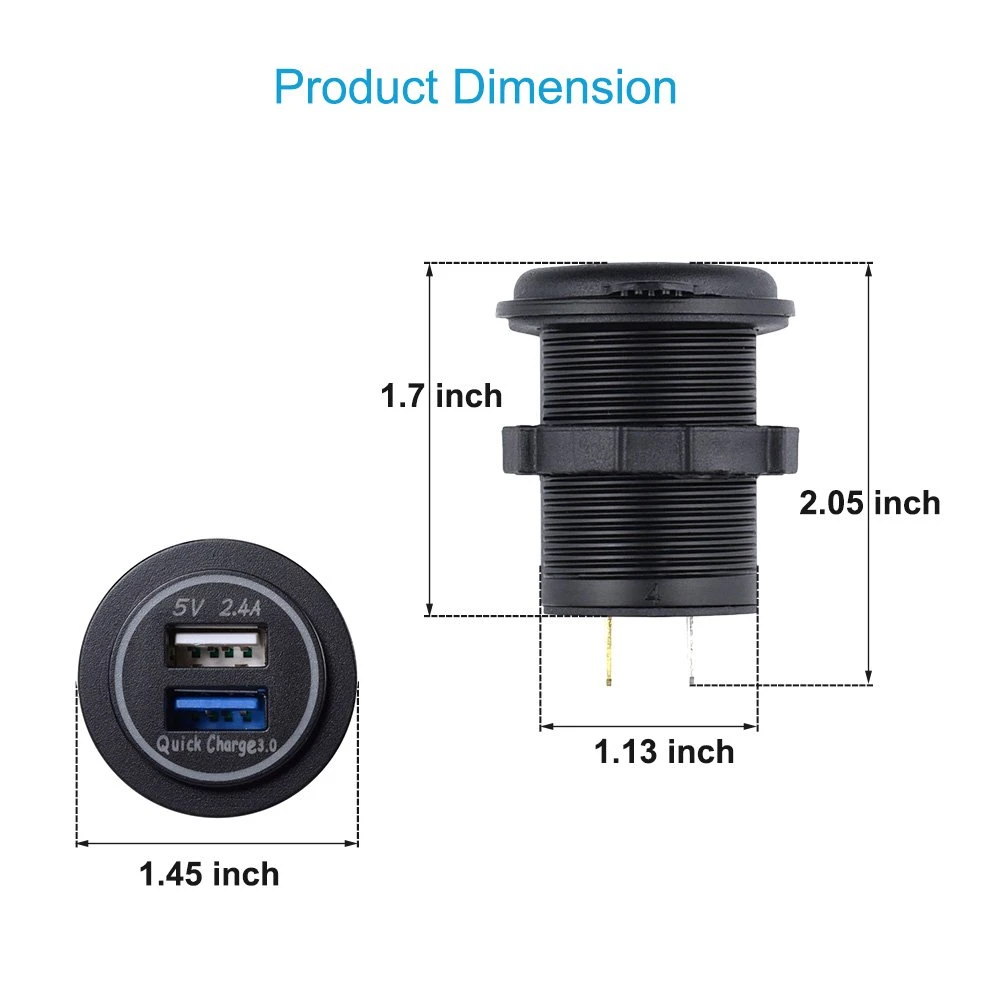 Dual USB Charger Socket Power Outlet Quick Charge 3.0 &amp; 2.4A Port for Car Boat Marine RV Mobile (QC 3.0 - Green)