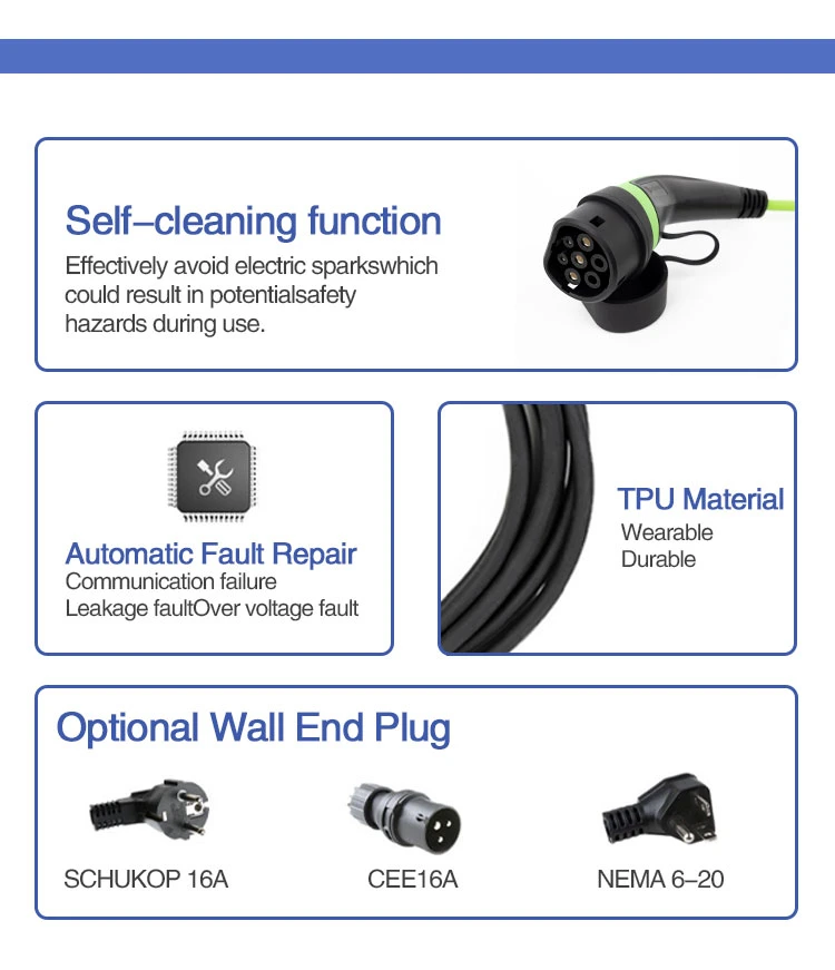 7kw 32A Car Charger Type 2 Green Color Portable EV Charger with IEC 62196-2 Plug