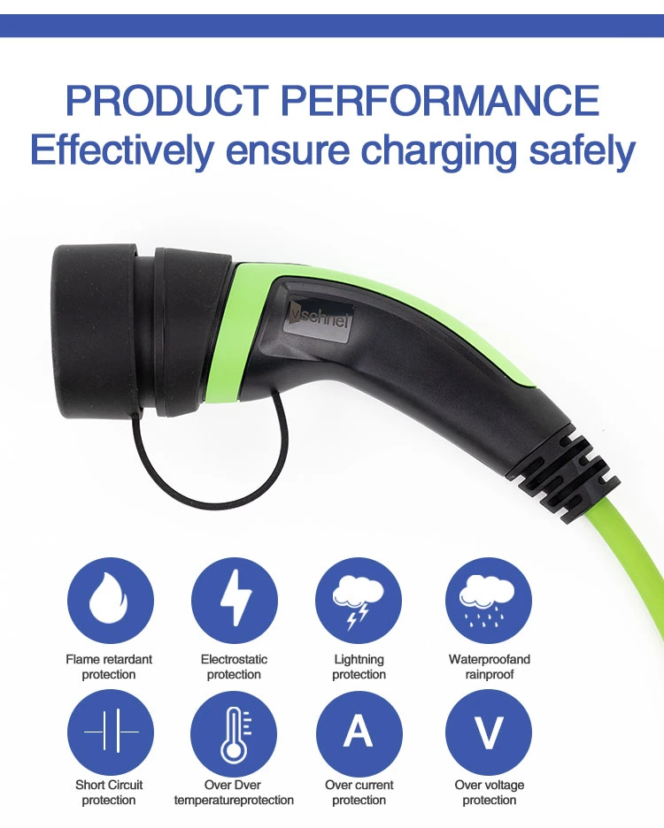 7kw 32A Car Charger Type 2 Green Color Portable EV Charger with IEC 62196-2 Plug