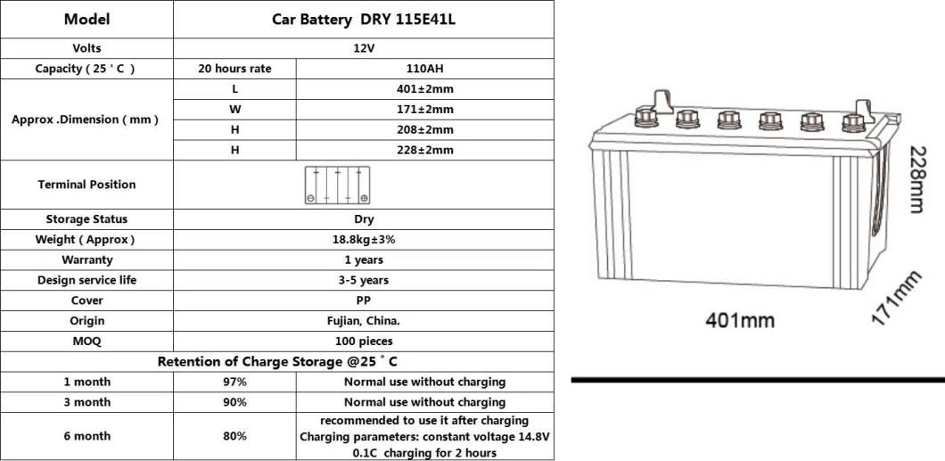 Tcs Custom-Made Special Dimension 115e41L (NS120L) 110ah Batteries Start and Stop for Trucks